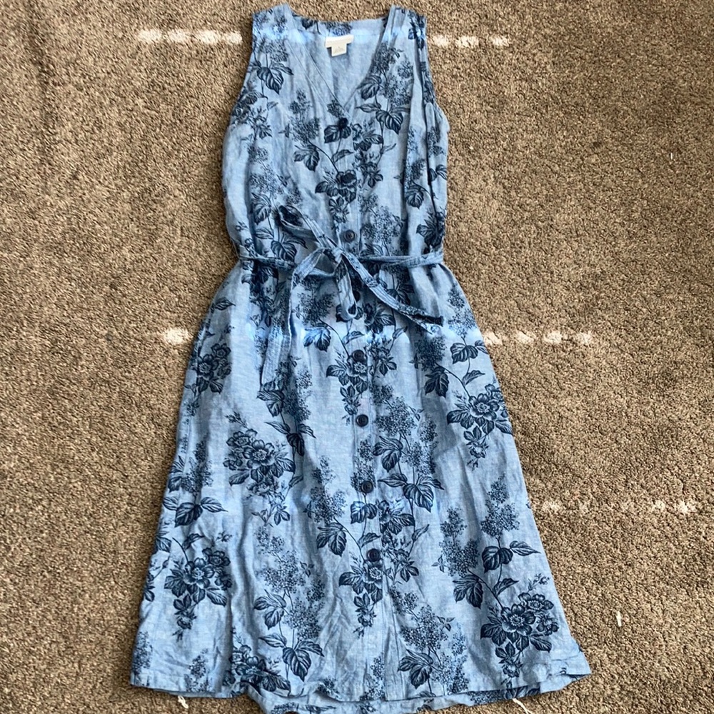 Button front linen midi floral dress